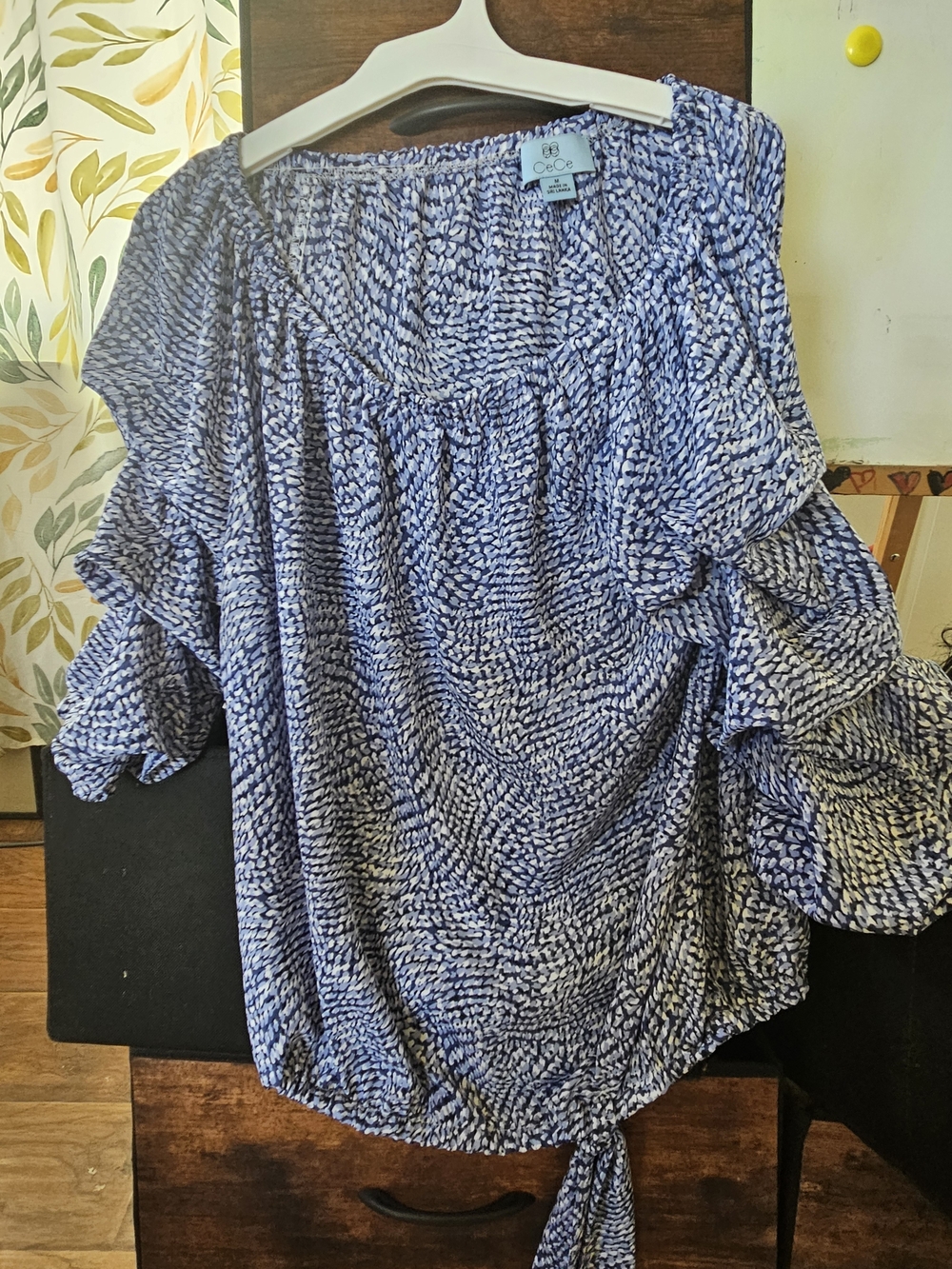 CeCe Blue and White Printed Tie-Hem Ruffle Blouse